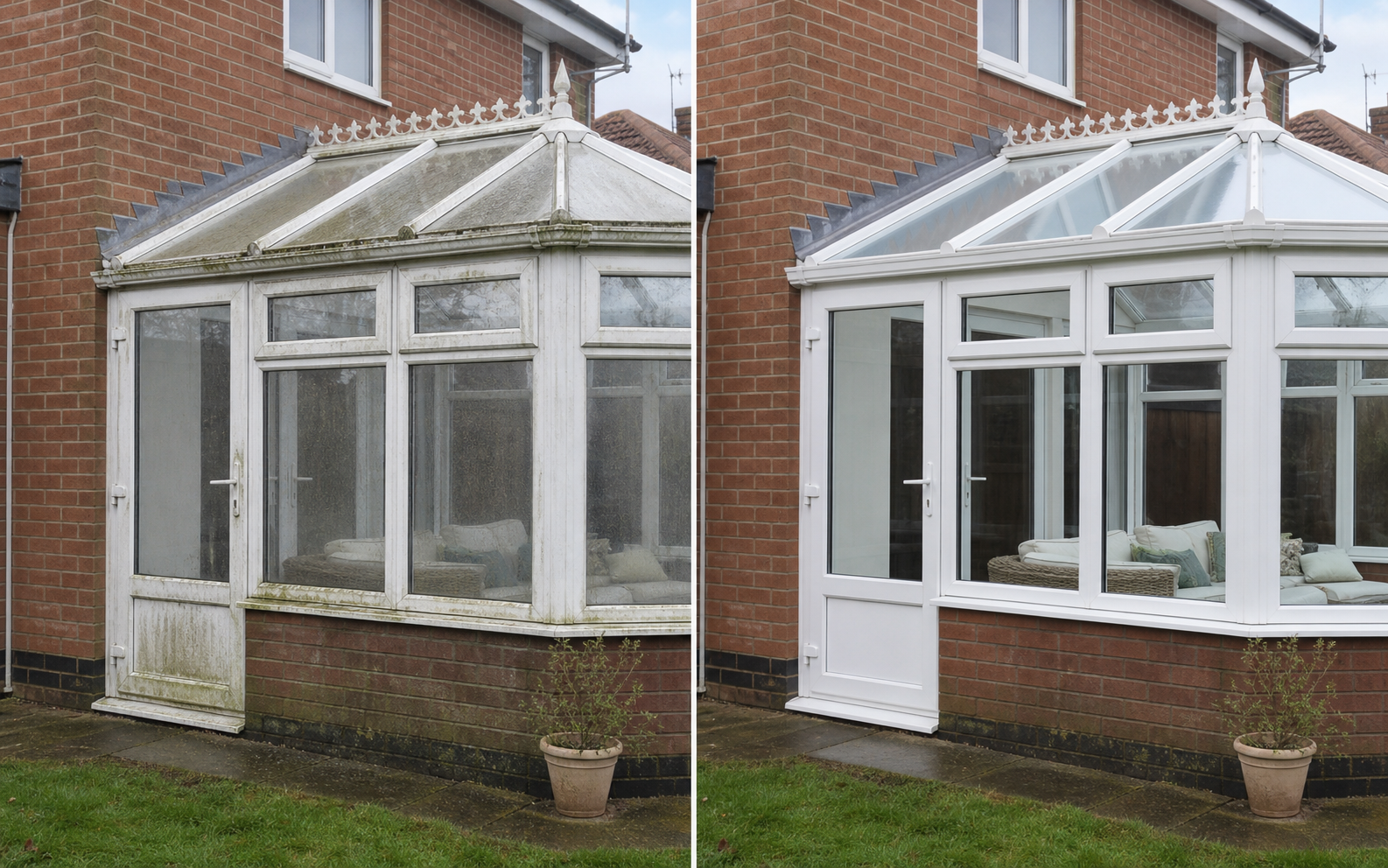 Conservatory exterior shown before and after cleaning