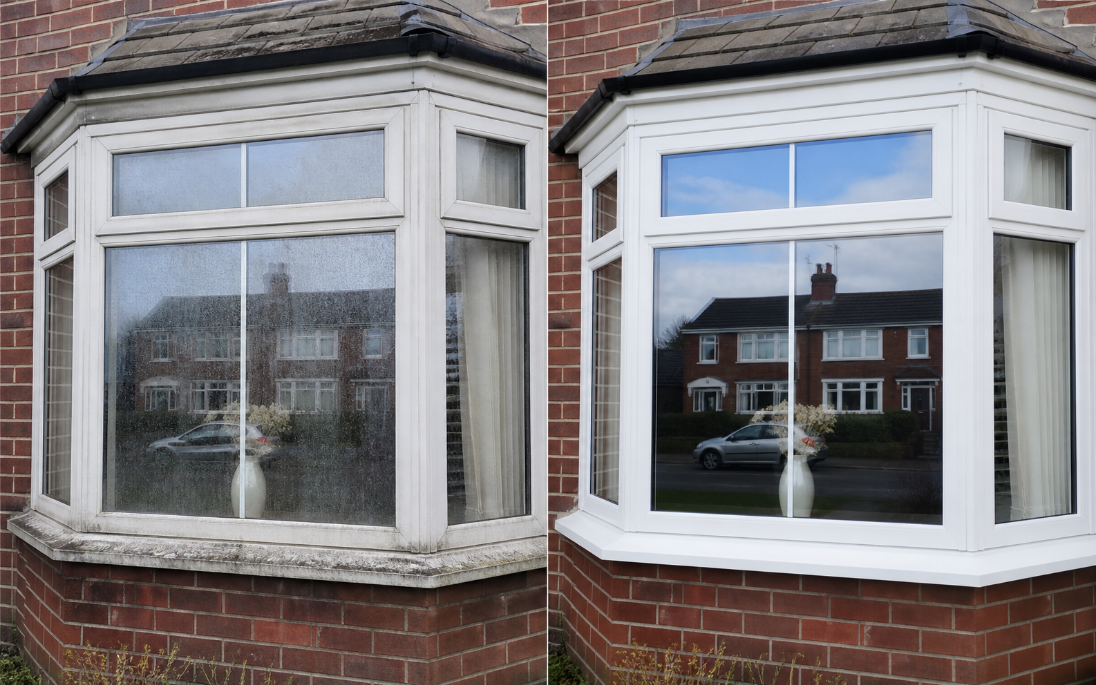 Illustrative dirty bay window before cleaning