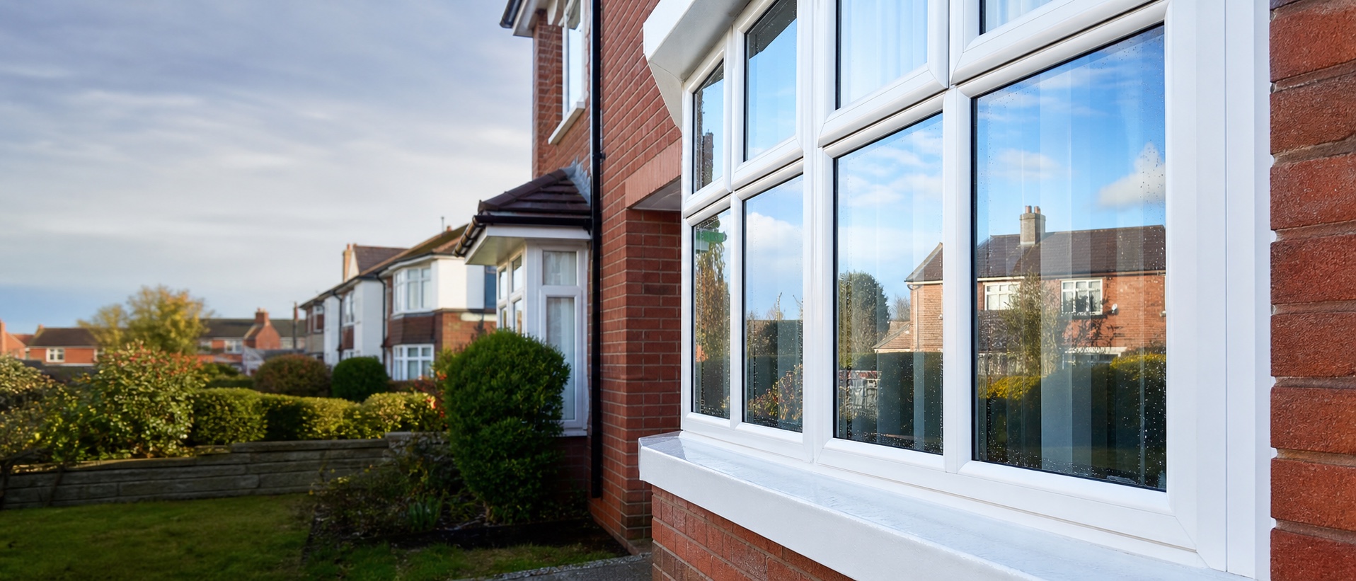 Freshly cleaned white uPVC windows on a local home