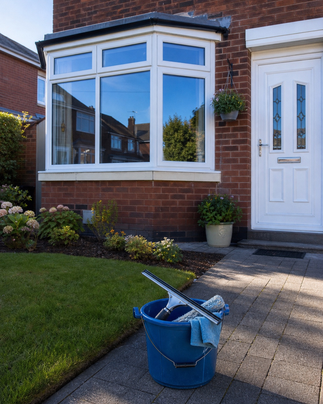 Traditional window-cleaning tools beside a clean uPVC window